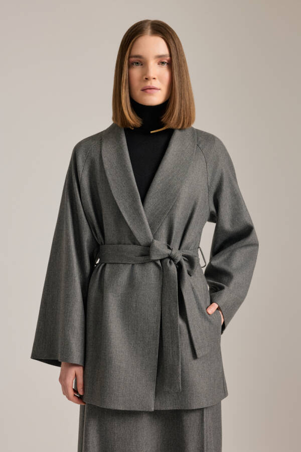 Antrasit Şal Yaka Seyyar Kuşaklı Ceket - 4