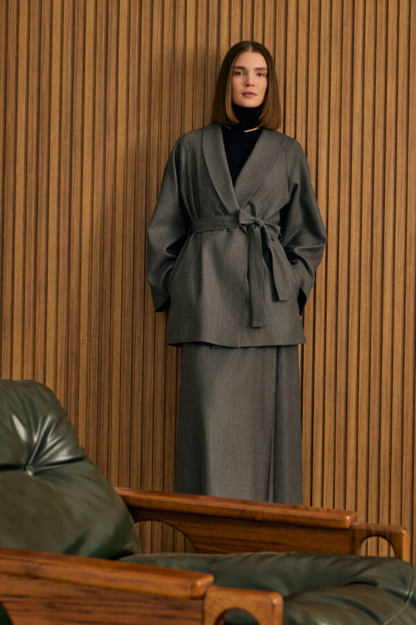 Antrasit Şal Yaka Seyyar Kuşaklı Ceket - 9