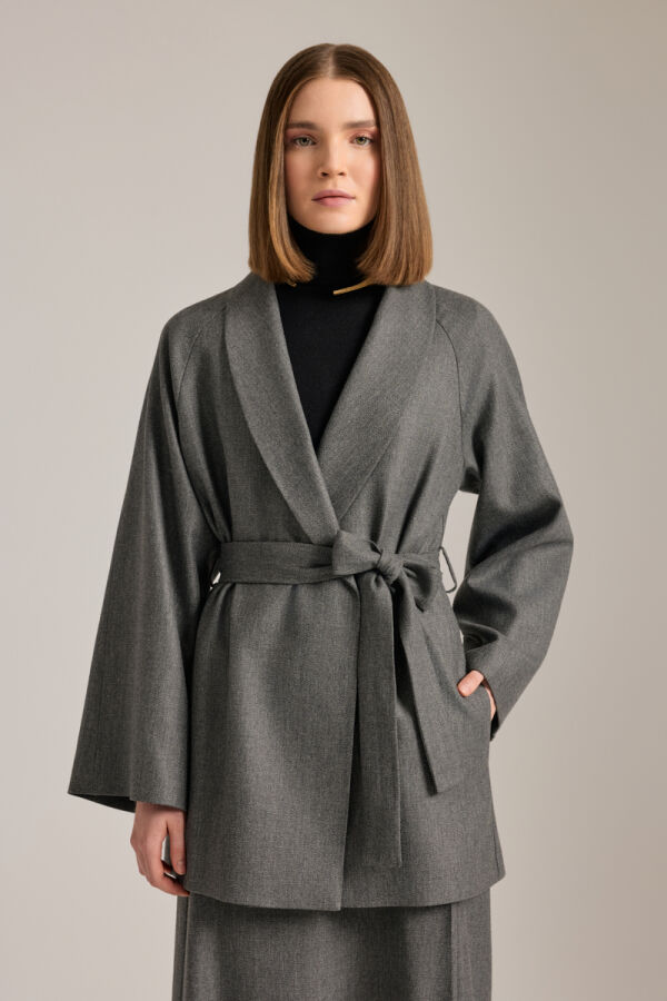 Antrasit Şal Yaka Seyyar Kuşaklı Ceket - 4