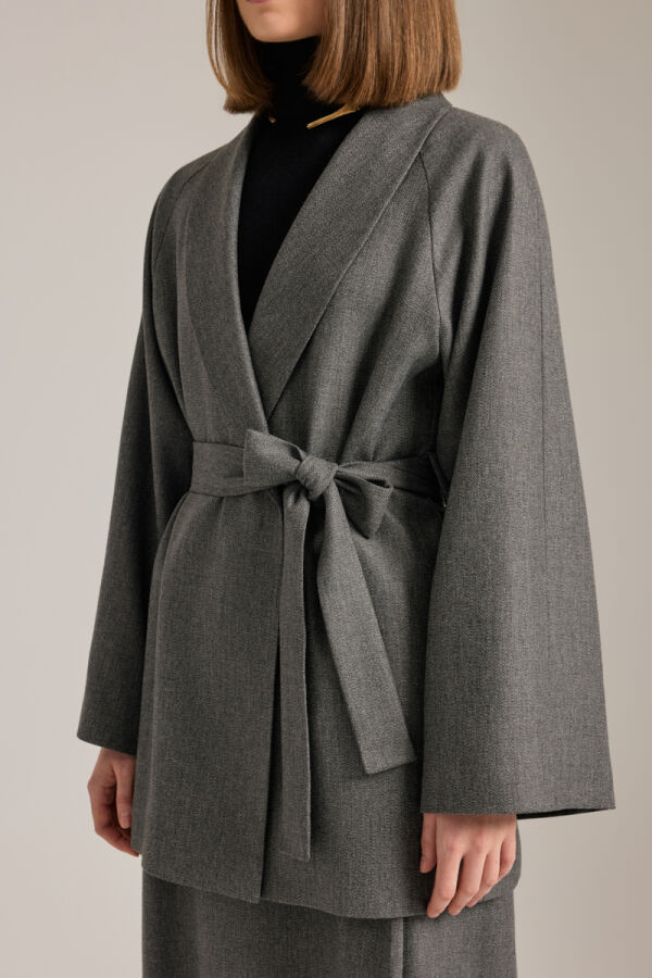 Antrasit Şal Yaka Seyyar Kuşaklı Ceket - 5