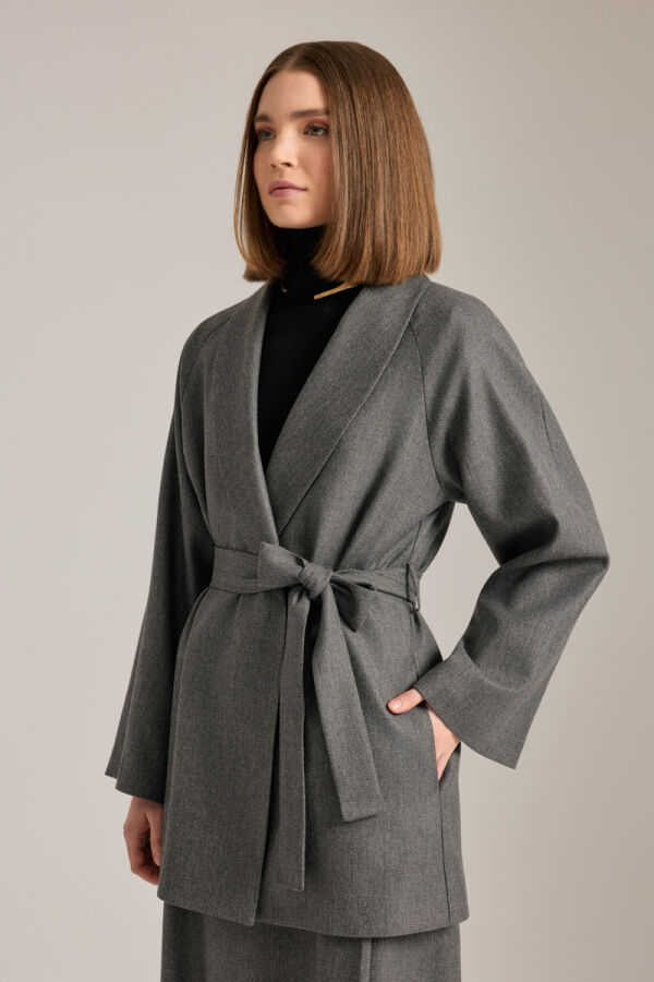 Antrasit Şal Yaka Seyyar Kuşaklı Ceket - 6