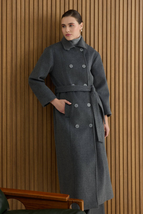 Antrasit Seyyar Kuşaklı Kruvaze Kapama Manto - Aker