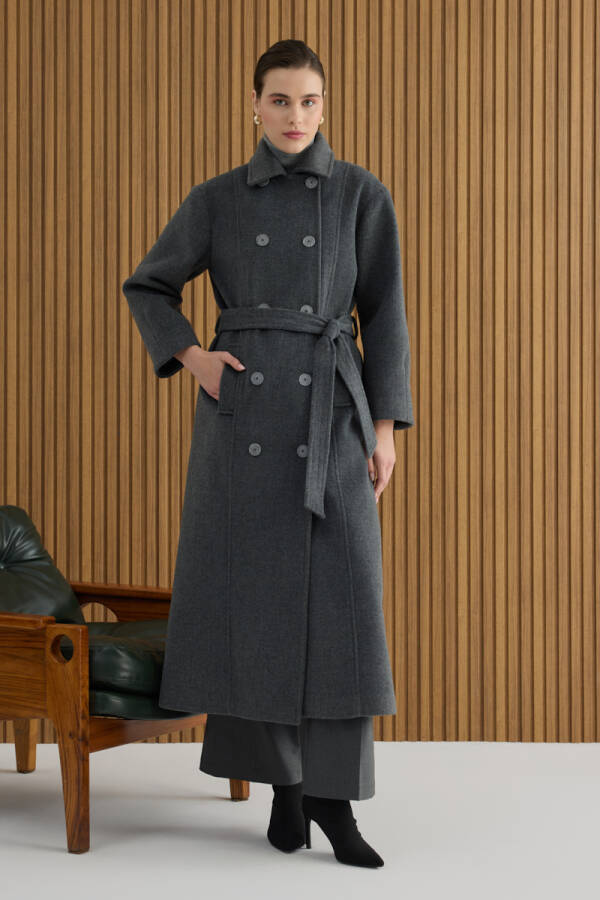 Antrasit Seyyar Kuşaklı Kruvaze Kapama Manto - Aker (1)