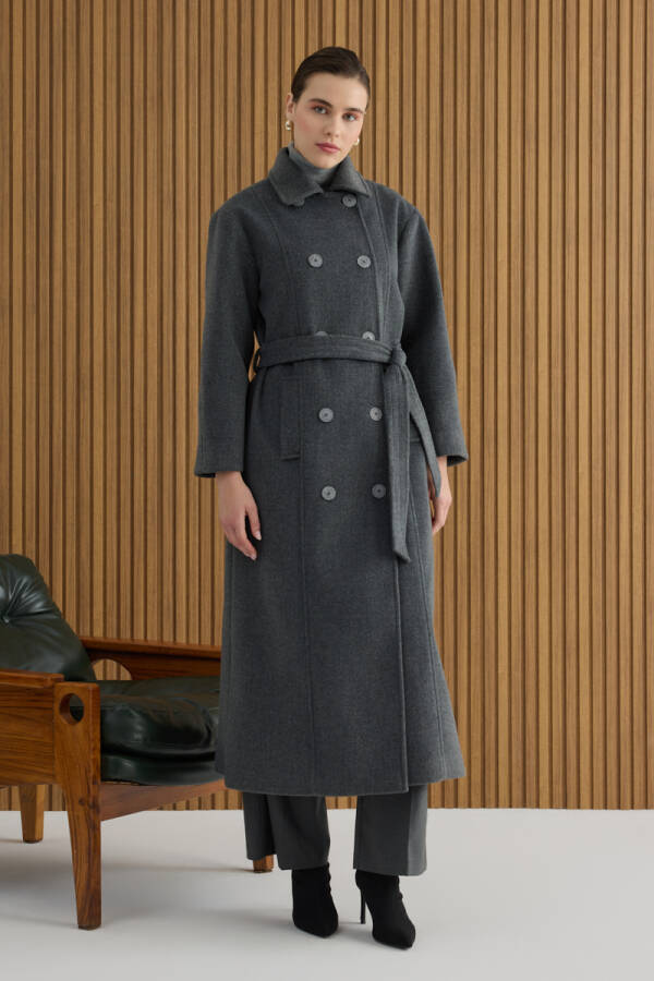 Antrasit Seyyar Kuşaklı Kruvaze Kapama Manto - 3