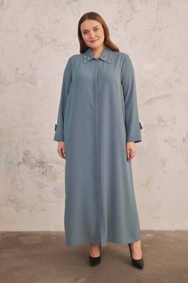 Antrasit Yakası İşlemeli Ferace - 3