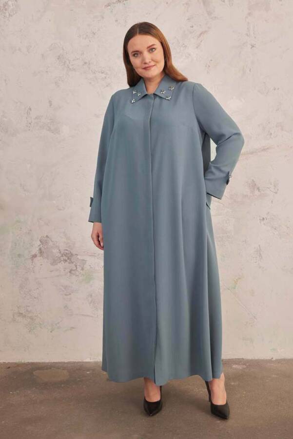 Antrasit Yakası İşlemeli Ferace - 4