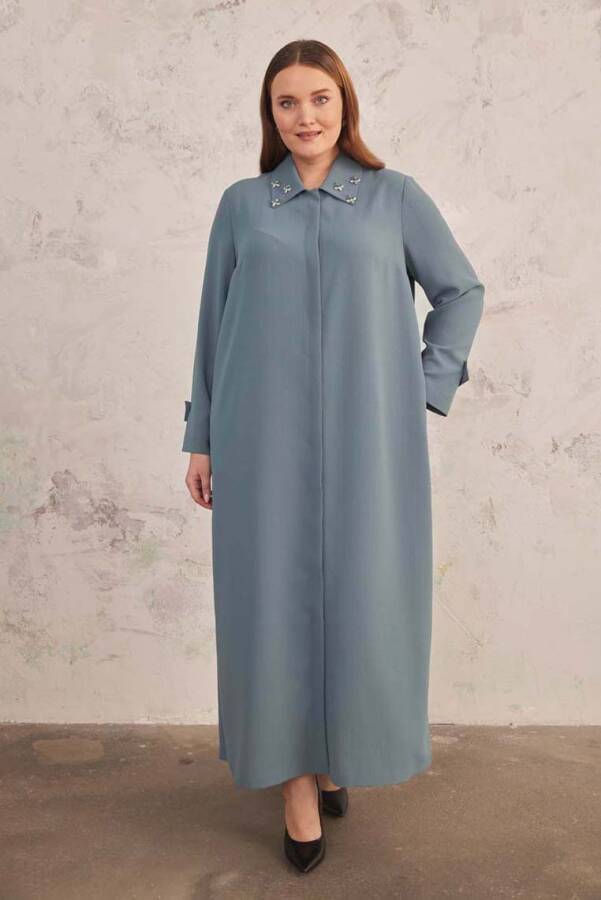 Antrasit Yakası İşlemeli Ferace - 5