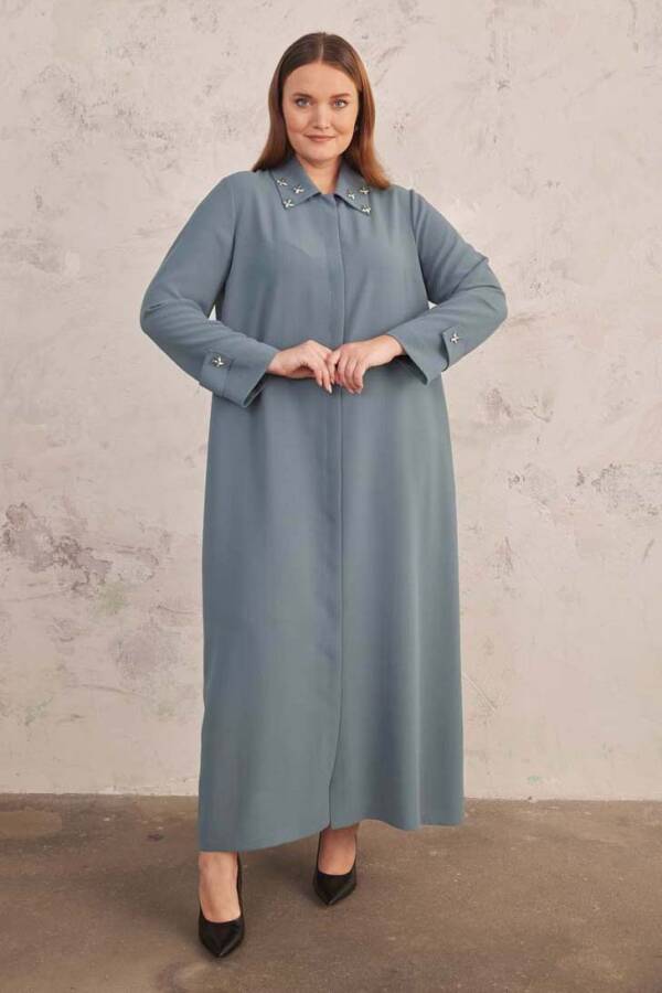 Antrasit Yakası İşlemeli Ferace - 6