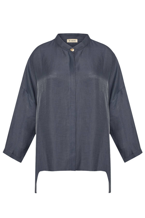 Lacivert Asimetrik Kesim Keten Tunik - 1