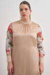 Bej 5680 Çiçek Desenli Detaylı Bol Elbise - 5
