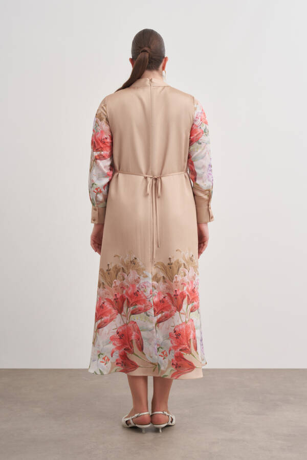 Bej 5680 Çiçek Desenli Detaylı Bol Elbise - 6