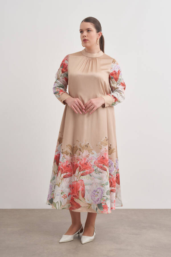 Bej 5680 Çiçek Desenli Detaylı Bol Elbise - 4
