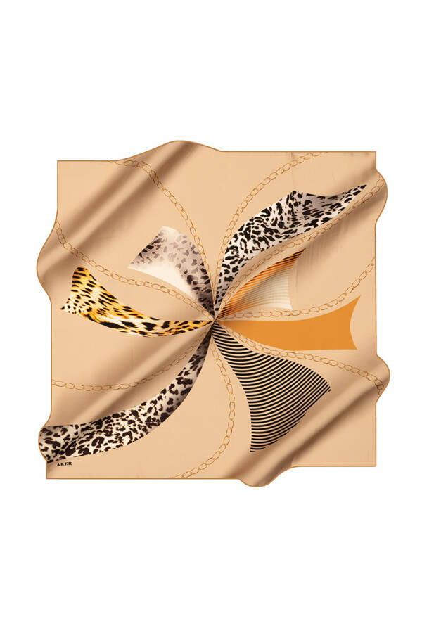 Bej 90X90 İpek Krep Saten Eşarp - 1