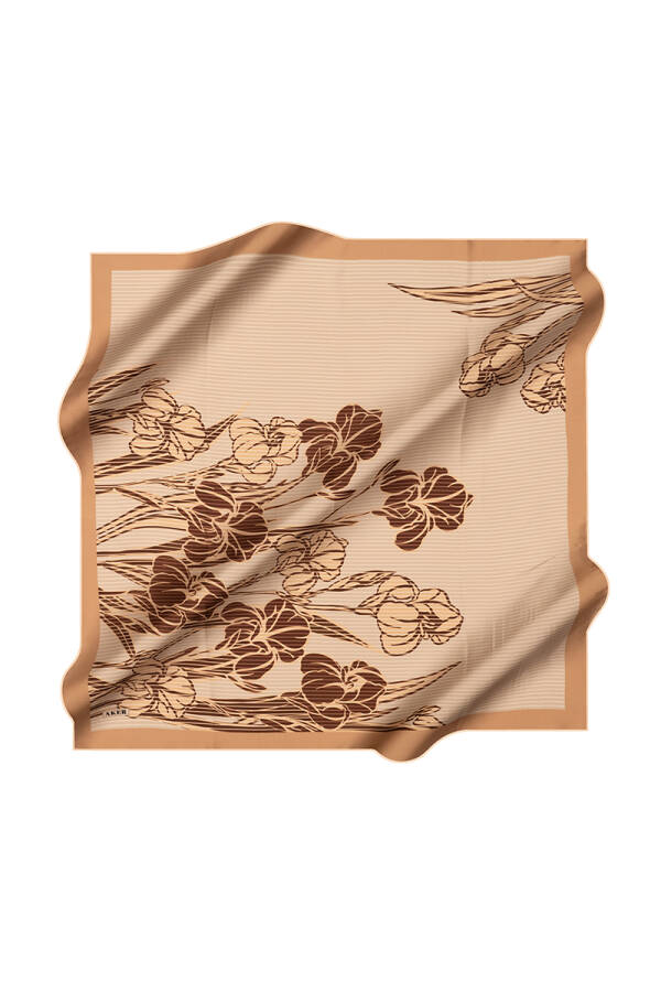 Bej 90X90 İpek Krep Saten Eşarp - 1
