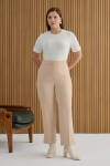 Bej Arka Beli Lastik Detaylı Dokuma Pantolon - 2