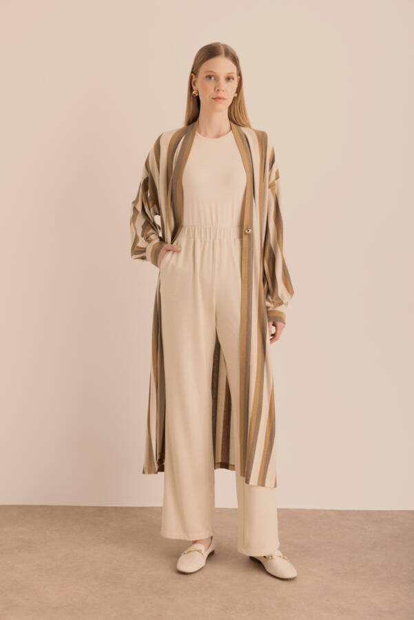 Bej Astarlı Beli Lastikli Örme Simli Pantolon - Aker