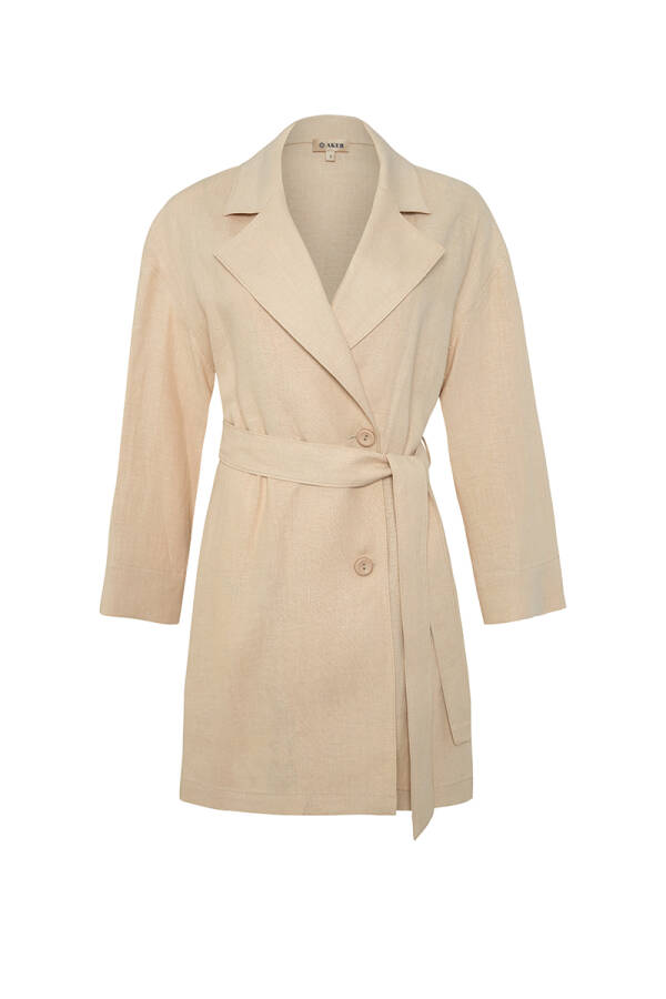 Bej Belden Kuşaklı Keten Ceket - 1