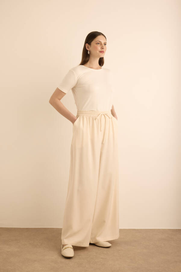 Bej Beli Lastik Detaylı Tencel Pantolon Etek - Aker (1)