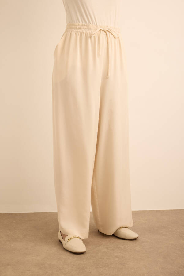 Bej Beli Lastik Detaylı Tencel Pantolon Etek - 4