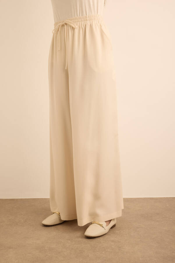Bej Beli Lastik Detaylı Tencel Pantolon Etek - 4