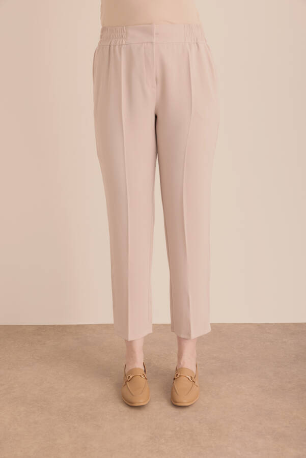 Bej Beli Lastikli Detaylı Dokuma Havuç Pantolon - 3