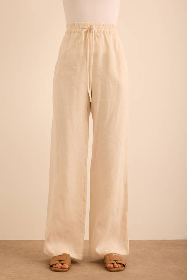 Bej Beli Lastikli Keten Pantolon - Aker (1)