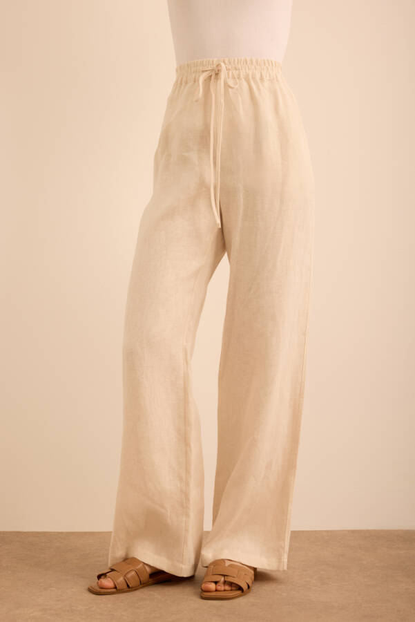 Bej Beli Lastikli Keten Pantolon - 4