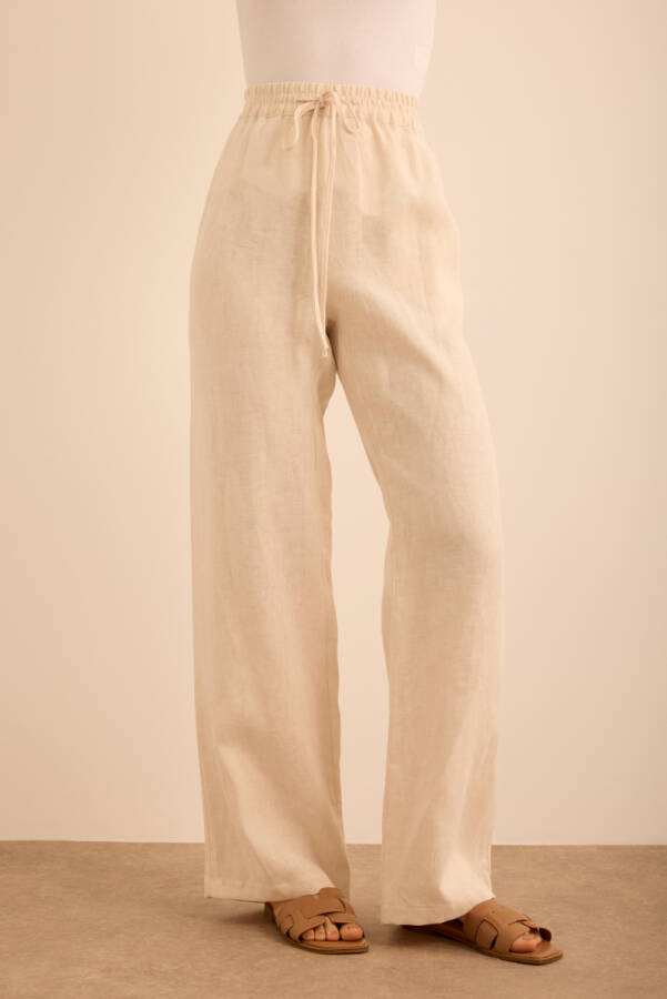 Bej Beli Lastikli Keten Pantolon - 3