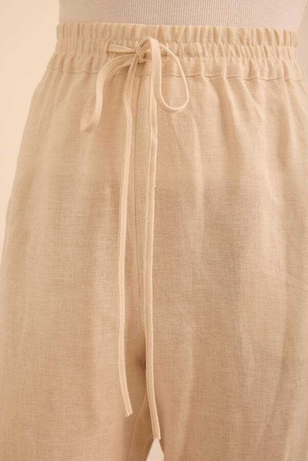 Bej Beli Lastikli Keten Pantolon - 4