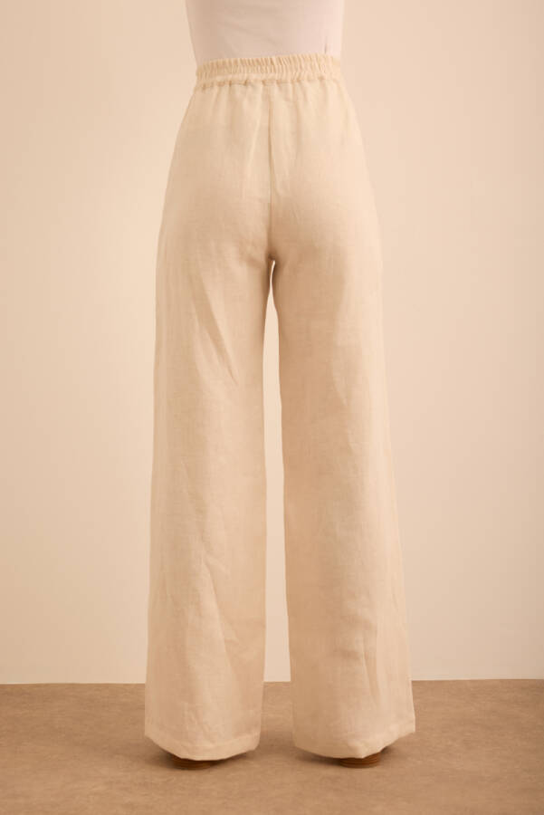 Bej Beli Lastikli Keten Pantolon - 5