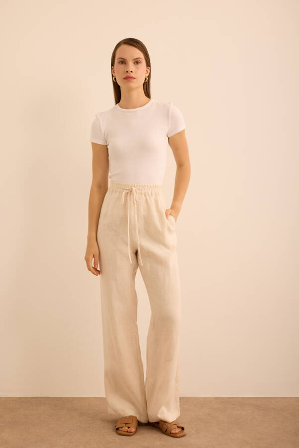 Bej Beli Lastikli Keten Pantolon - Aker