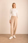 Bej Beli Lastikli Tencel Cotton Pantolon - 2