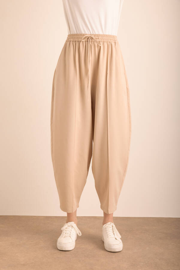 Bej Beli Lastikli Tencel Cotton Pantolon - 5