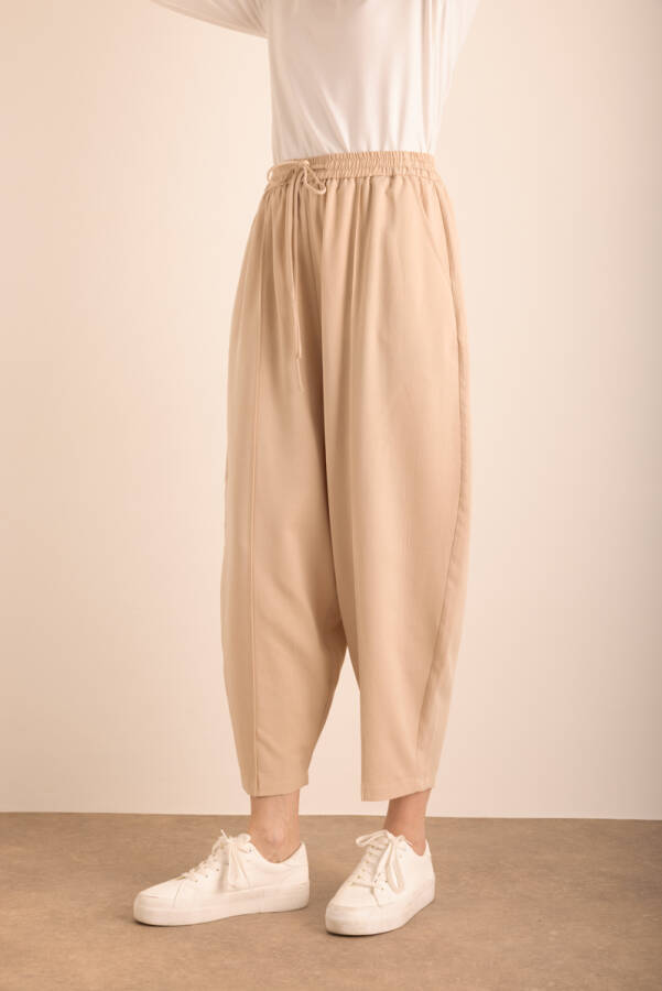 Bej Beli Lastikli Tencel Cotton Pantolon - 6