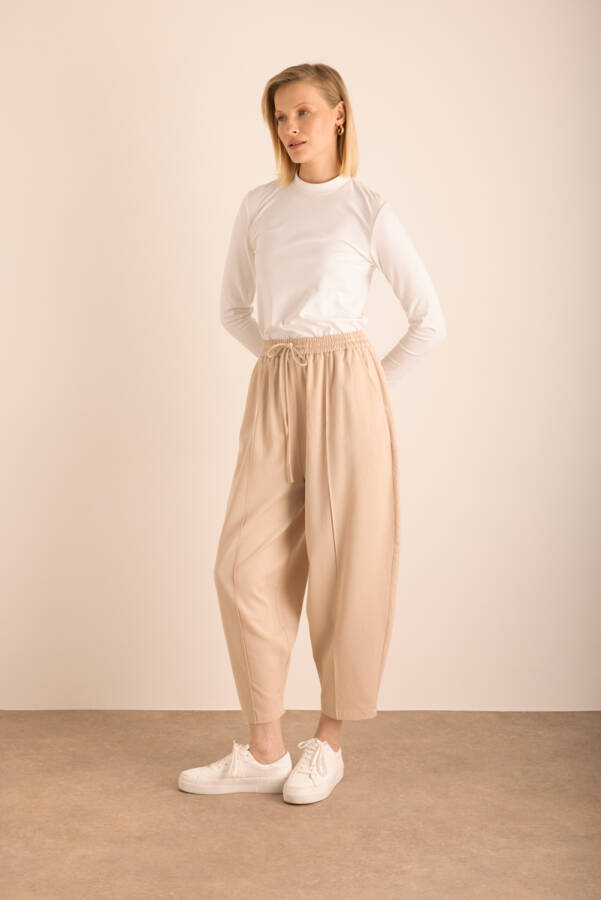 Bej Beli Lastikli Tencel Cotton Pantolon - 3