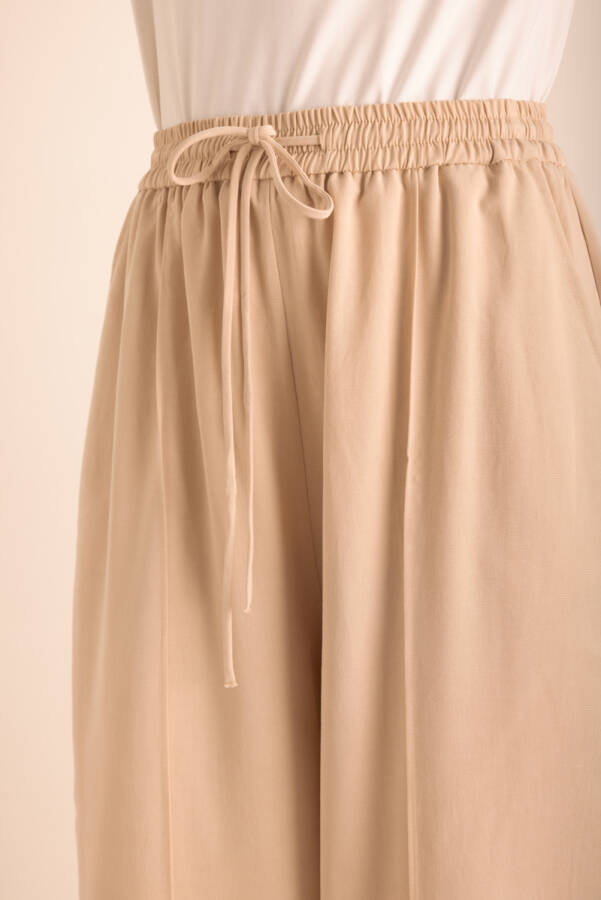Bej Beli Lastikli Tencel Cotton Pantolon - 4
