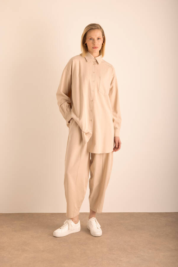 Bej Beli Lastikli Tencel Cotton Pantolon - 1