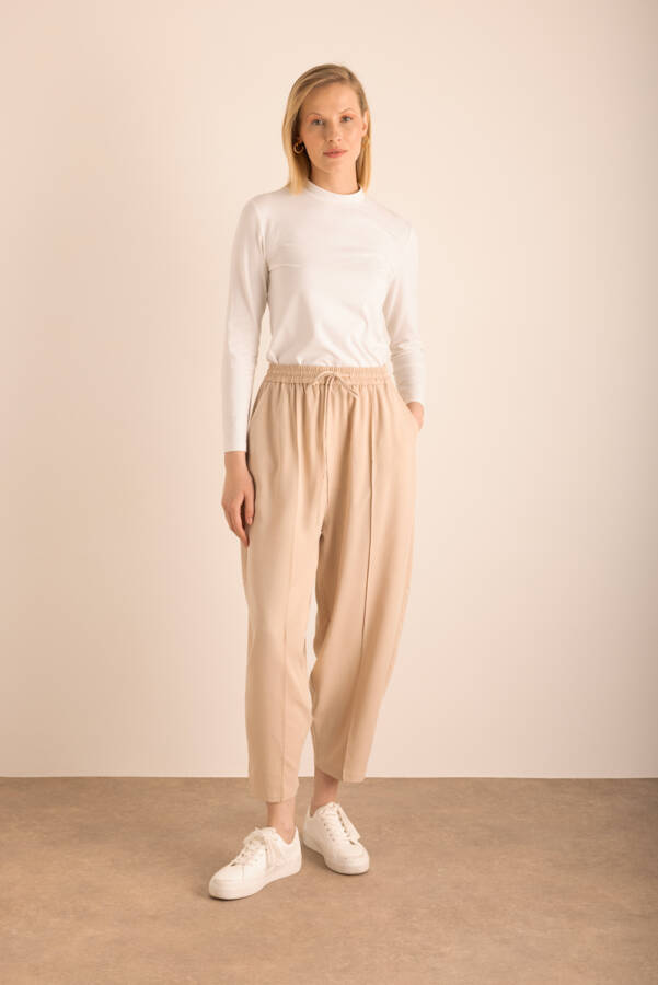 Bej Beli Lastikli Tencel Cotton Pantolon - 2