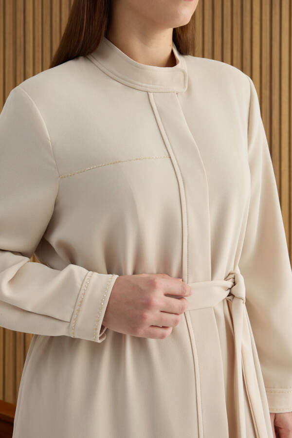 Bej Boncuk İşleme Detaylı Ferace - 5