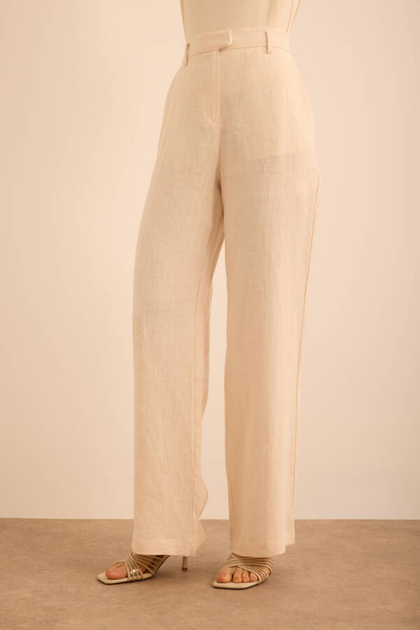 Bej Boru Paça Keten Pantolon - 3