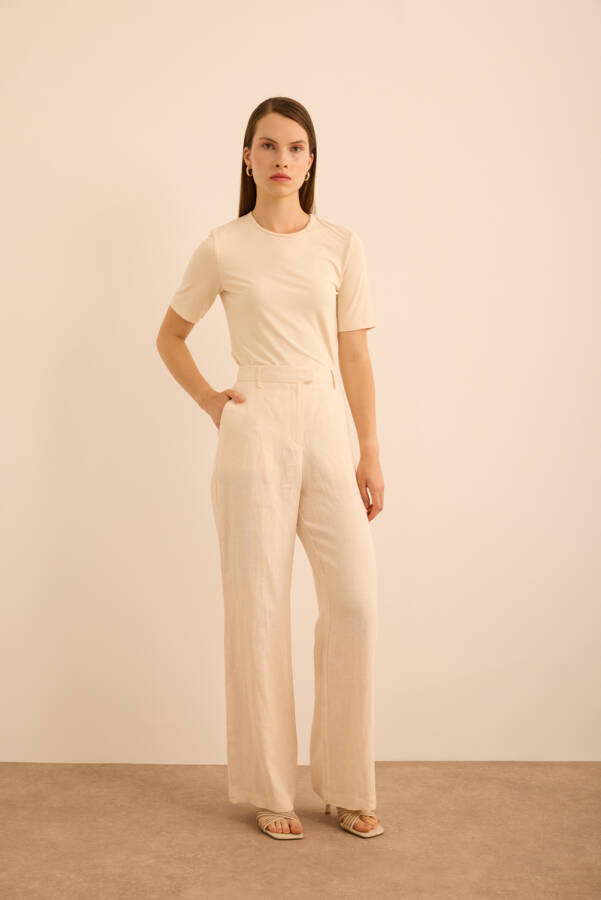 Bej Boru Paça Keten Pantolon - Aker