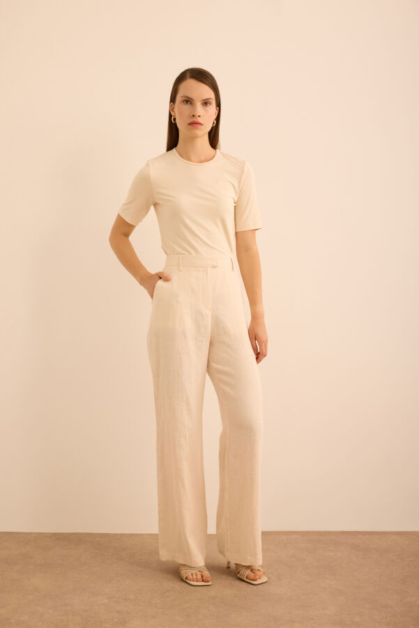 Bej Boru Paça Keten Pantolon - Aker