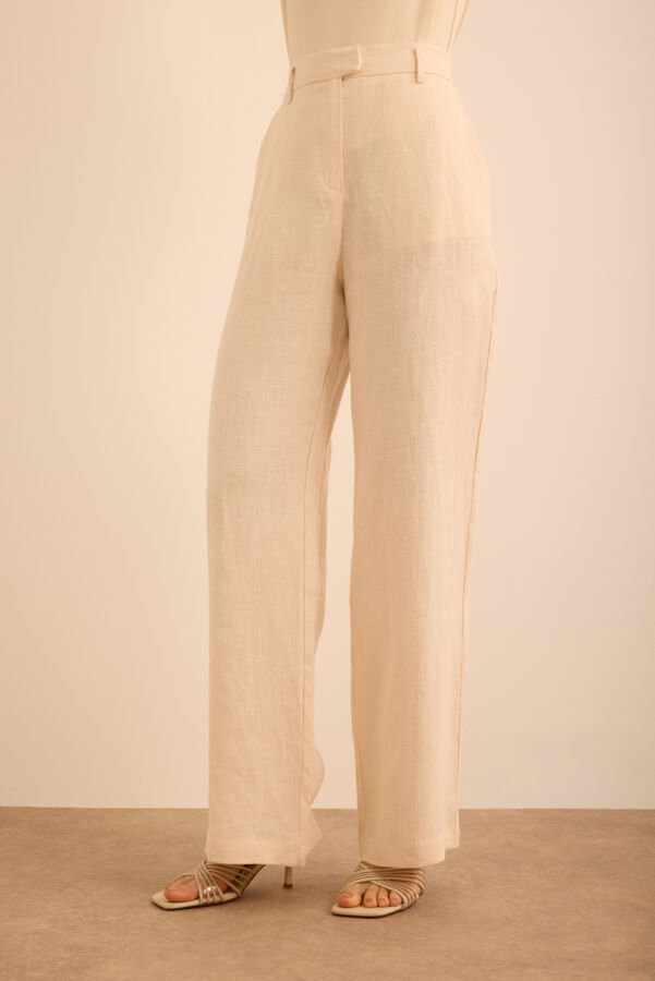 Bej Boru Paça Keten Pantolon - 3