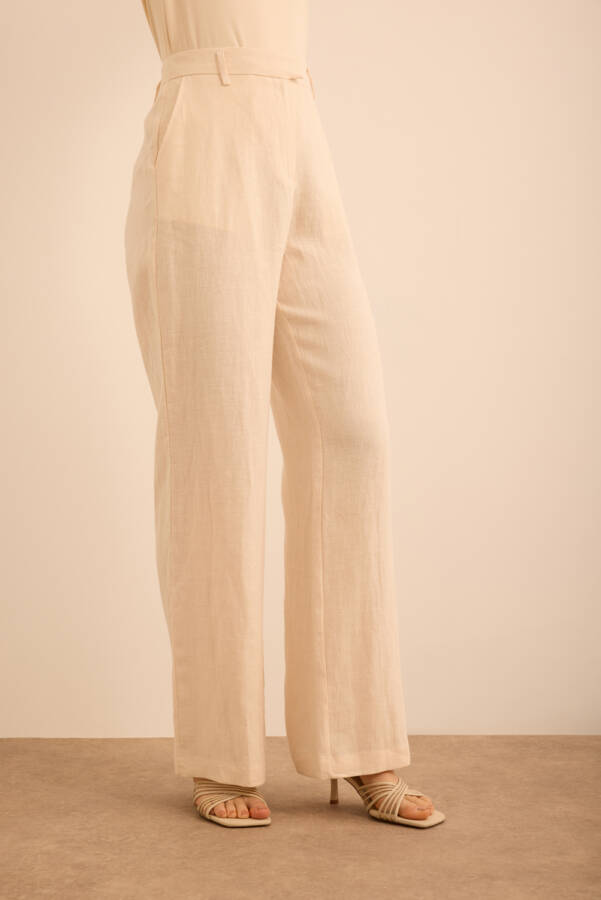 Bej Boru Paça Keten Pantolon - 4
