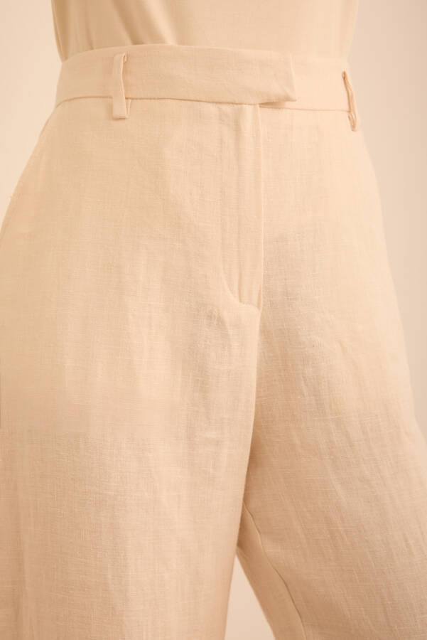 Bej Boru Paça Keten Pantolon - 5