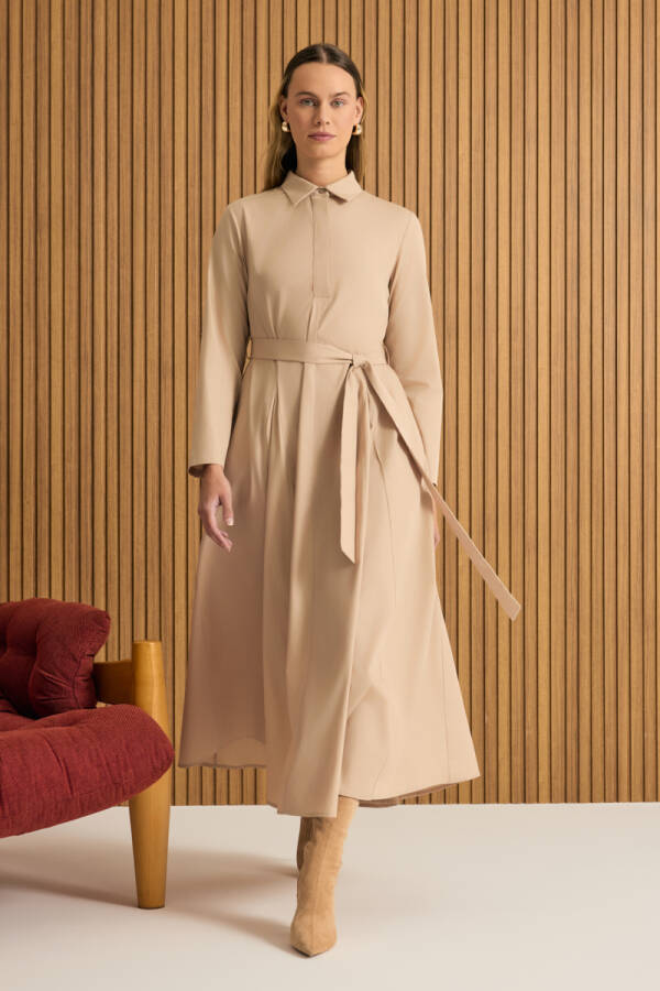 Bej Cotton Elbise - 1