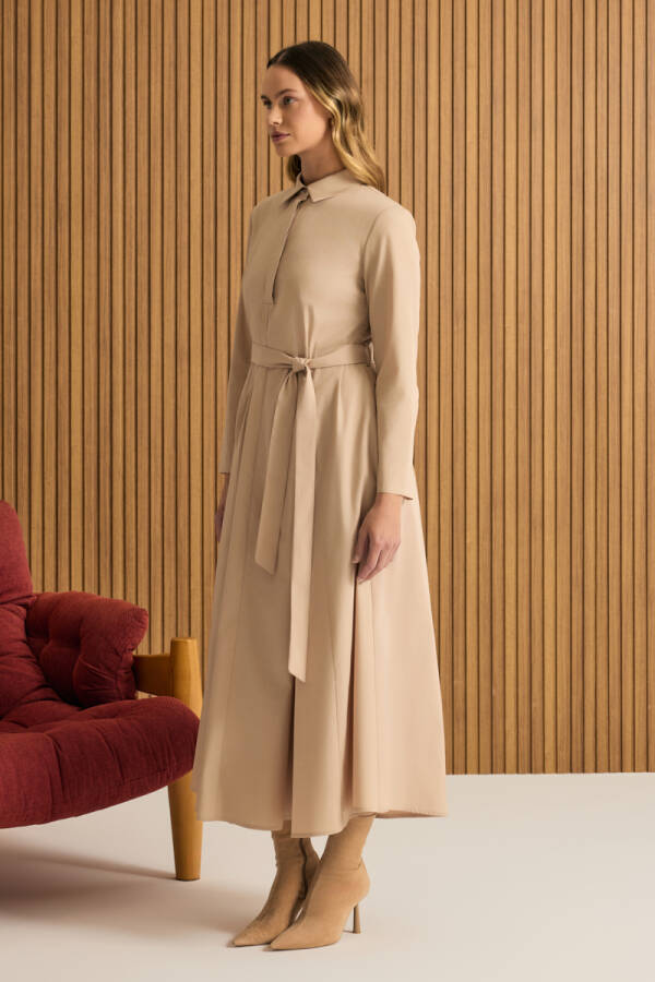 Bej Cotton Elbise - 4