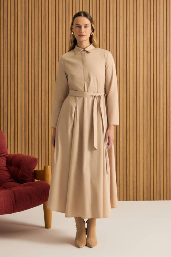 Bej Cotton Elbise - 3