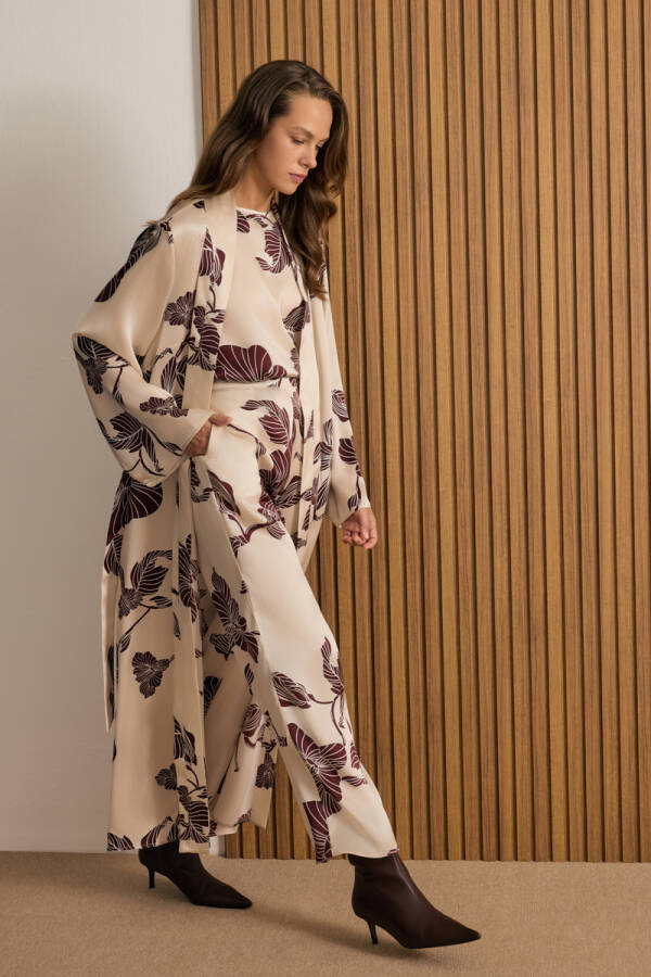 Bej Desenli İpek Kimono - 4