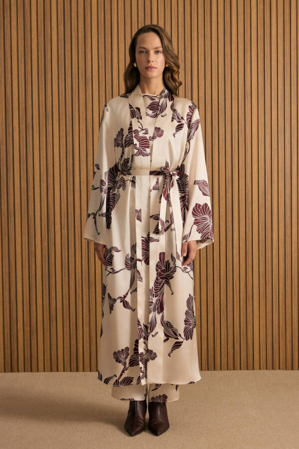 Bej Desenli İpek Kimono - 5